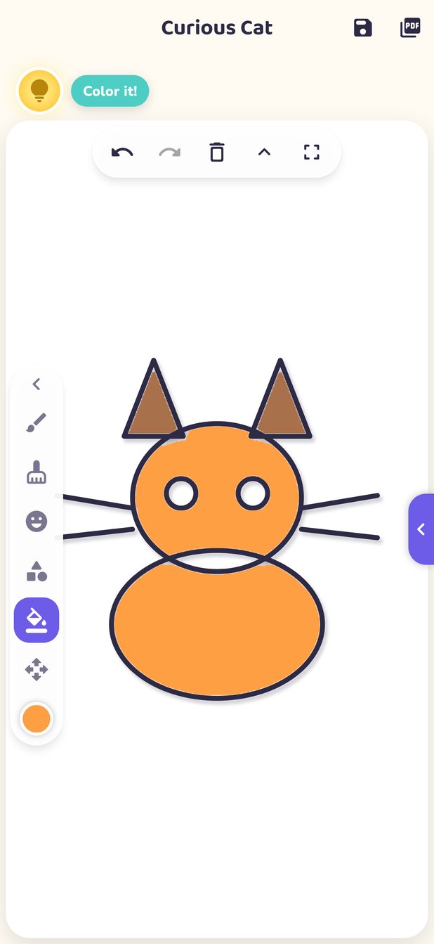 A coloring page of a cat being colored with the fill bucket