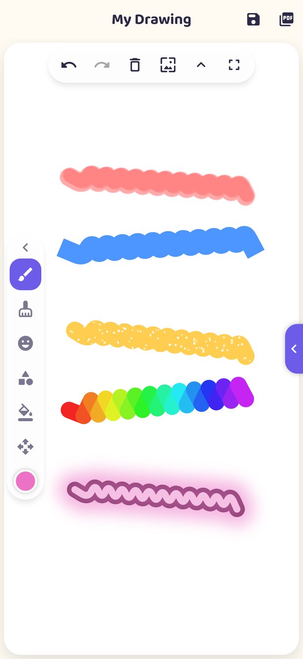 Free draw with crayon, marker, glitter, rainbow and neon brushes
