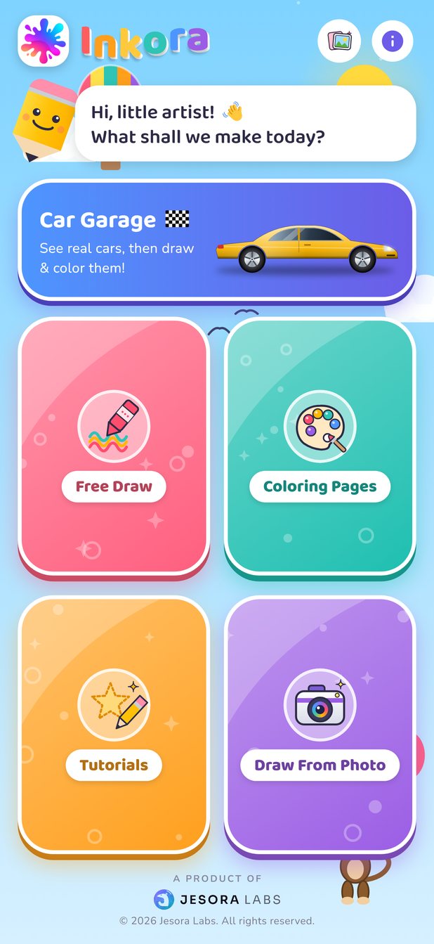Inkora home screen with Free Draw, Coloring Pages, Tutorials, Draw From Photo and the Car Garage